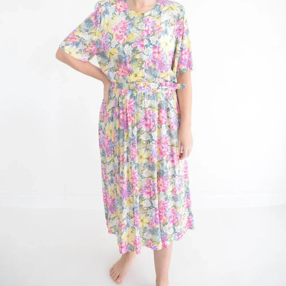 Vintage 90's D'allaird's Pink Green Yellow Floral Belted Midi Short Sleeve Dress - Picture 1 of 13